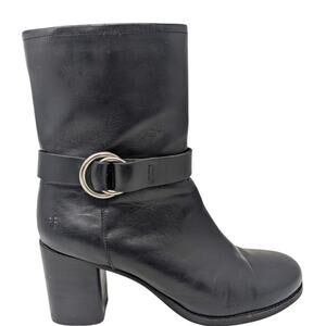 Frye Black Leather Mid Calf Heeled Boots Buckle Strap Size 11